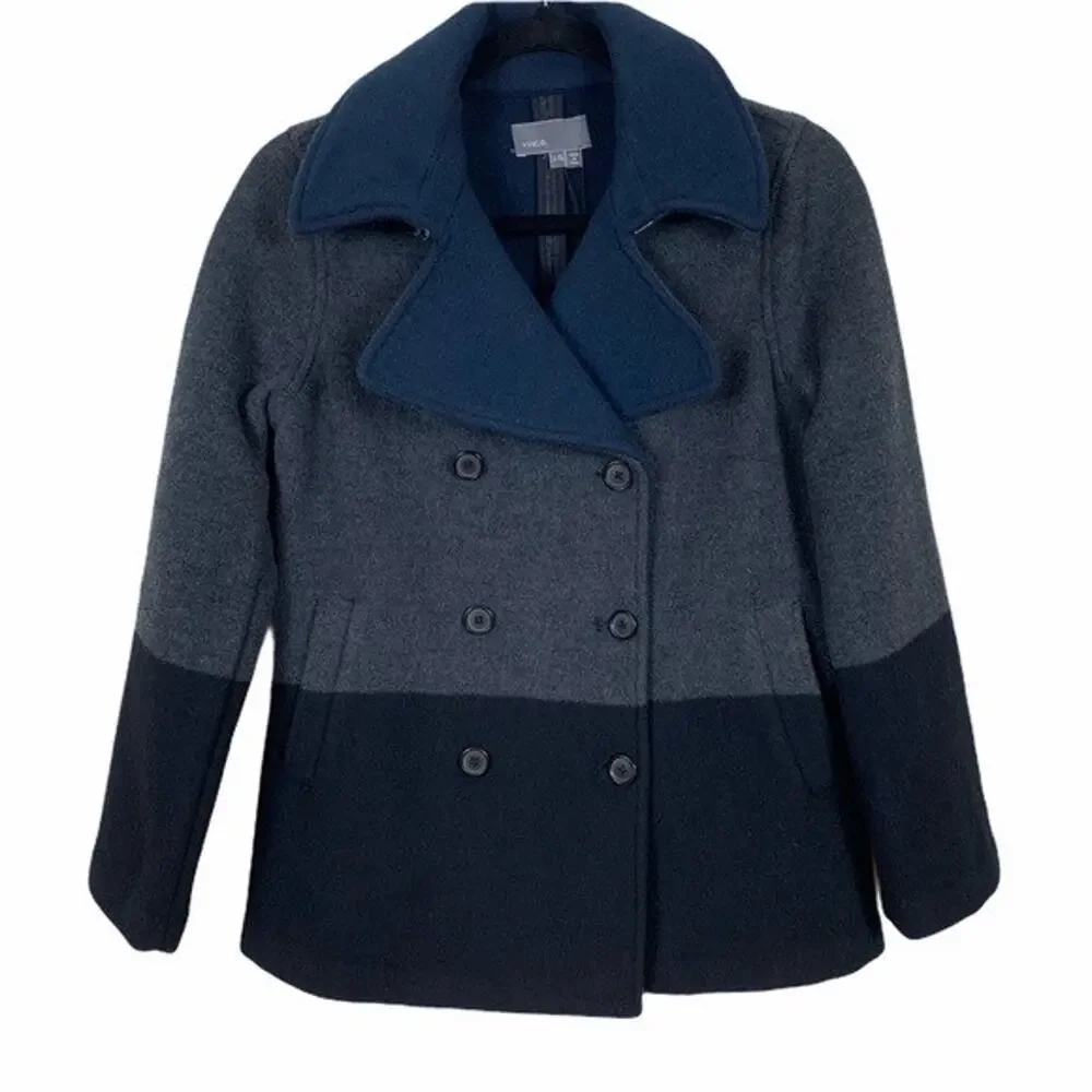 Vince Girl's Wool Colorblock Pea Coat Jacket Gray Navy Double Breasted Pockets S